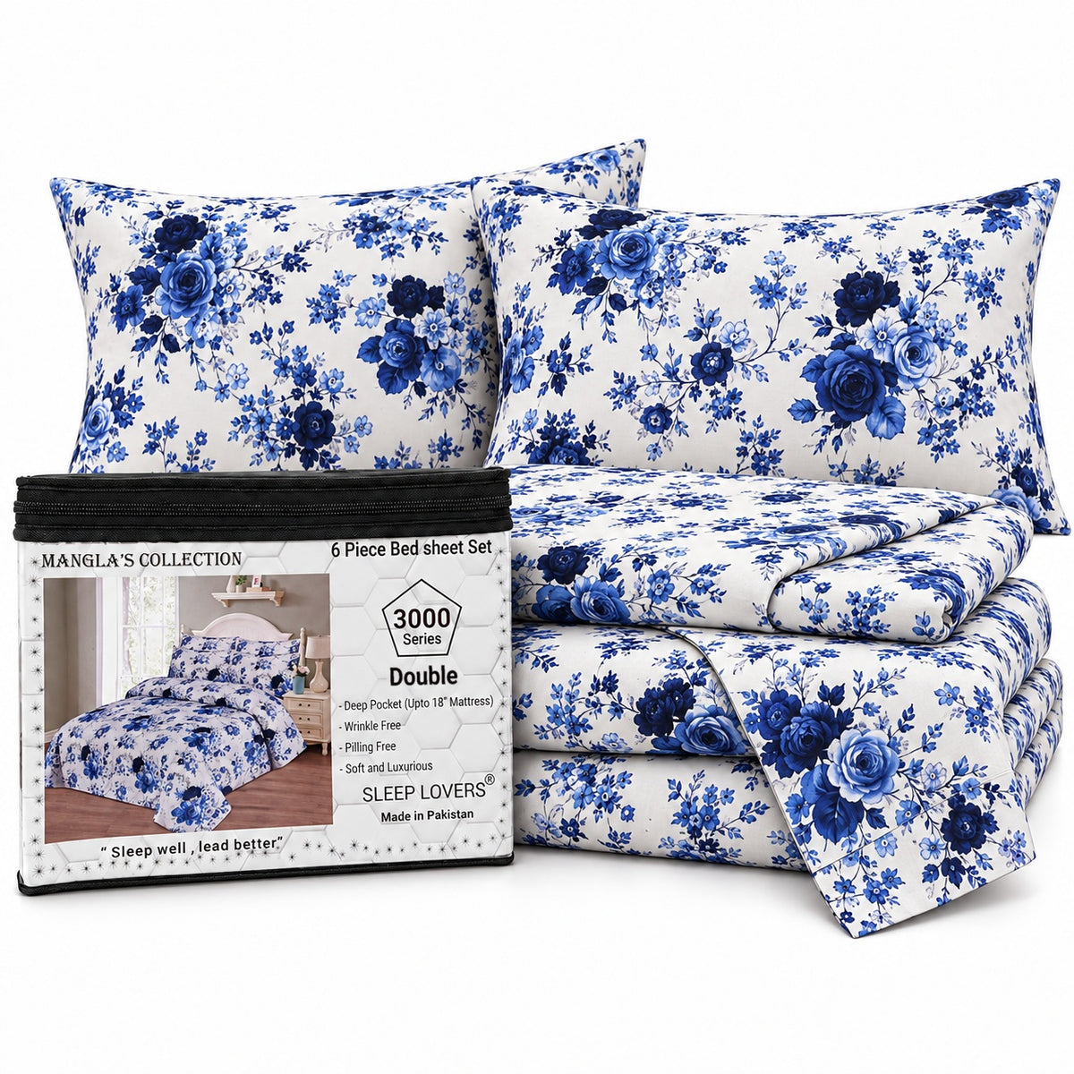 Blue Floral Microfiber 6 Piece Bed Sheet Set – Double – Packaging on White Background
