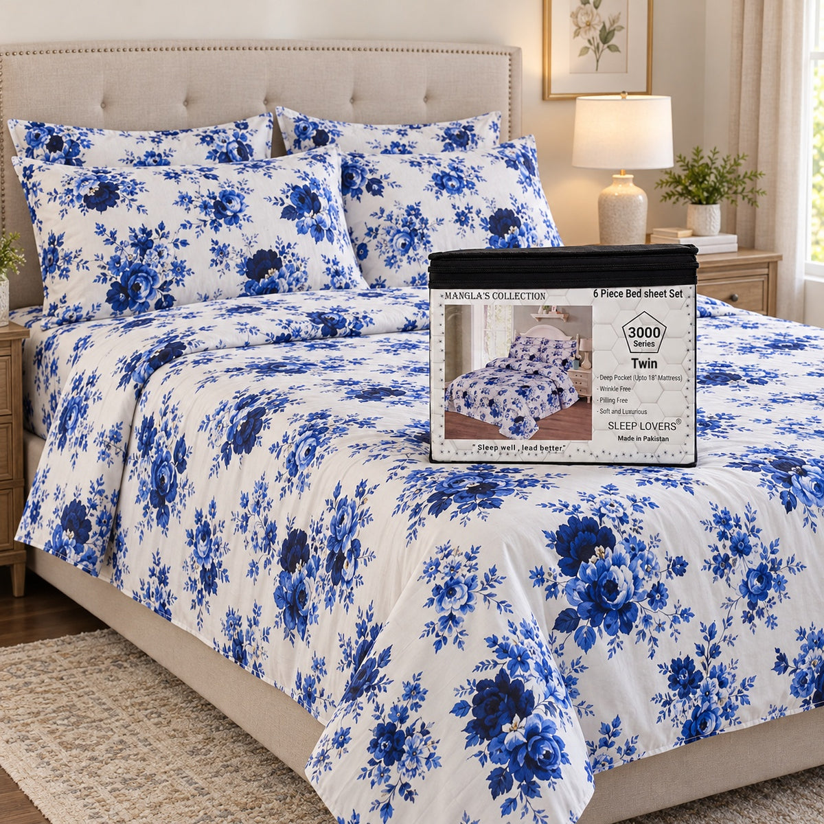 Blue Floral Microfiber 6 Piece Bed Sheet Set – Twin – Room Scene