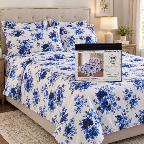 Blue Floral Microfiber 6 Piece Bed Sheet Set – Twin – Room Scene