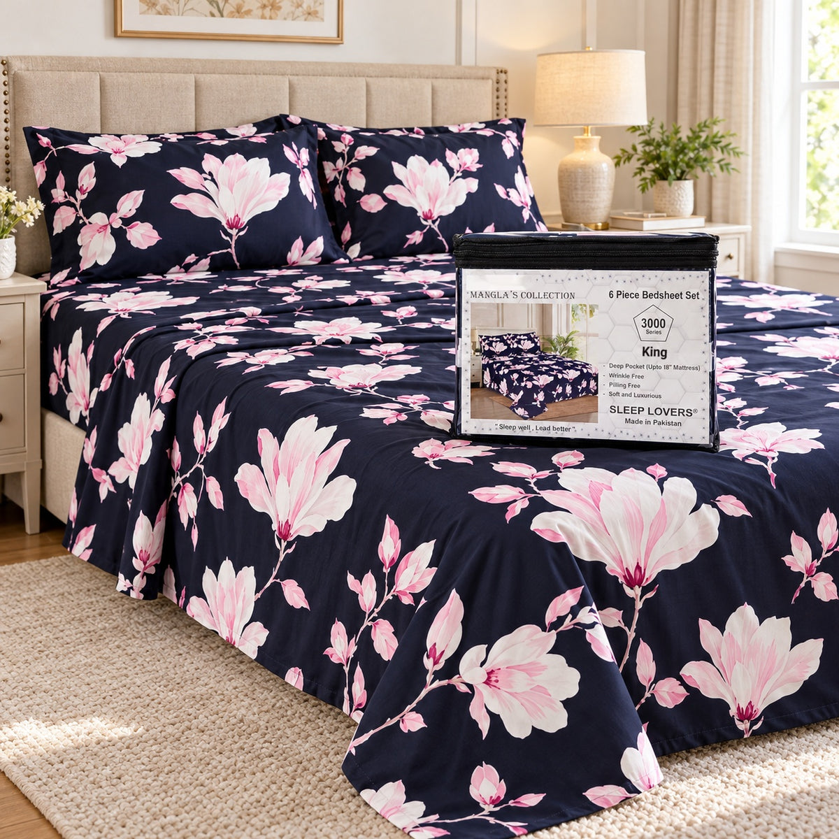 Navy Pink Floral Microfiber 6 Piece Bed Sheet Set – King – Room Scene