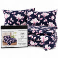Navy Pink Floral Microfiber 6 Piece Bed Sheet Set – Twin – Packaging on White Background