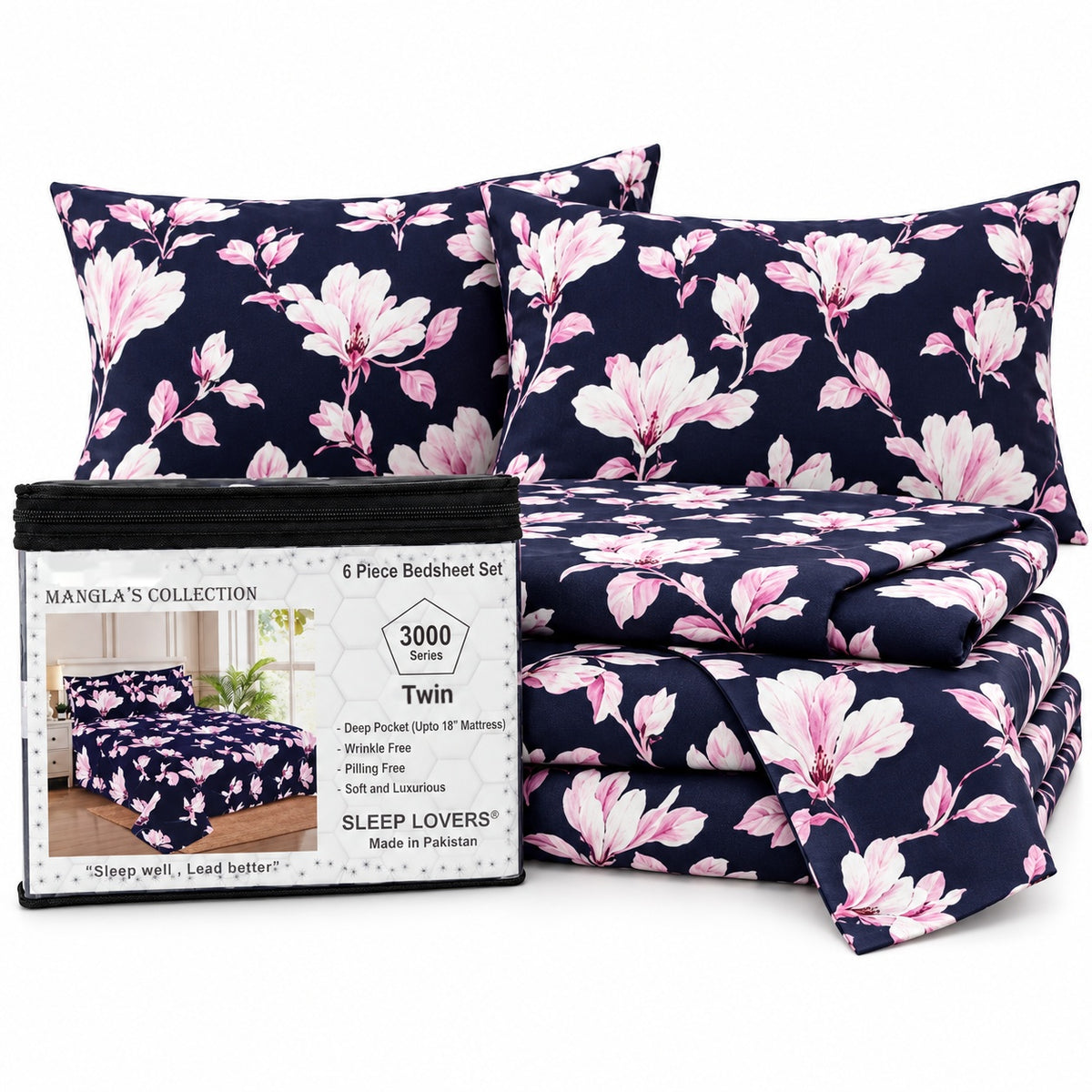 Navy Pink Floral Microfiber 6 Piece Bed Sheet Set – Twin – Packaging on White Background