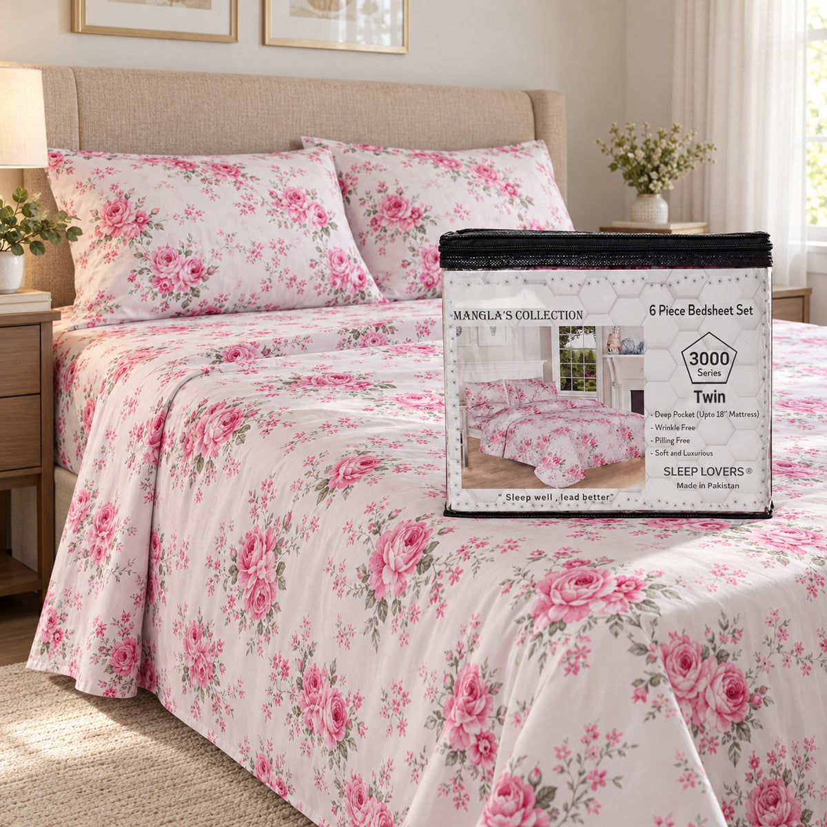 Pink Roses Microfiber 6 Piece Bed Sheet Set – Twin – Room Scene