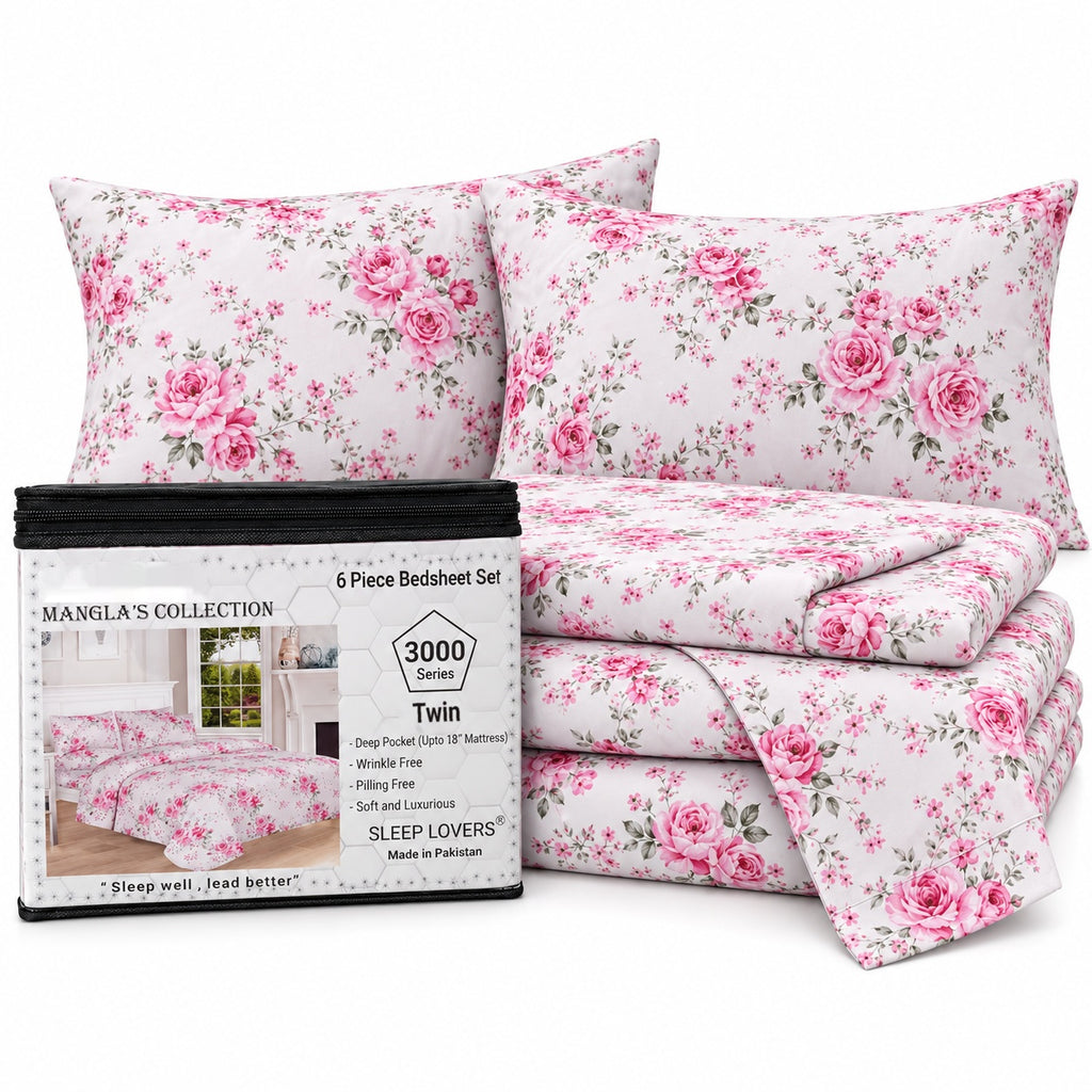 Pink Roses Microfiber 6 Piece Bed Sheet Set – Twin – Packaging on White Background