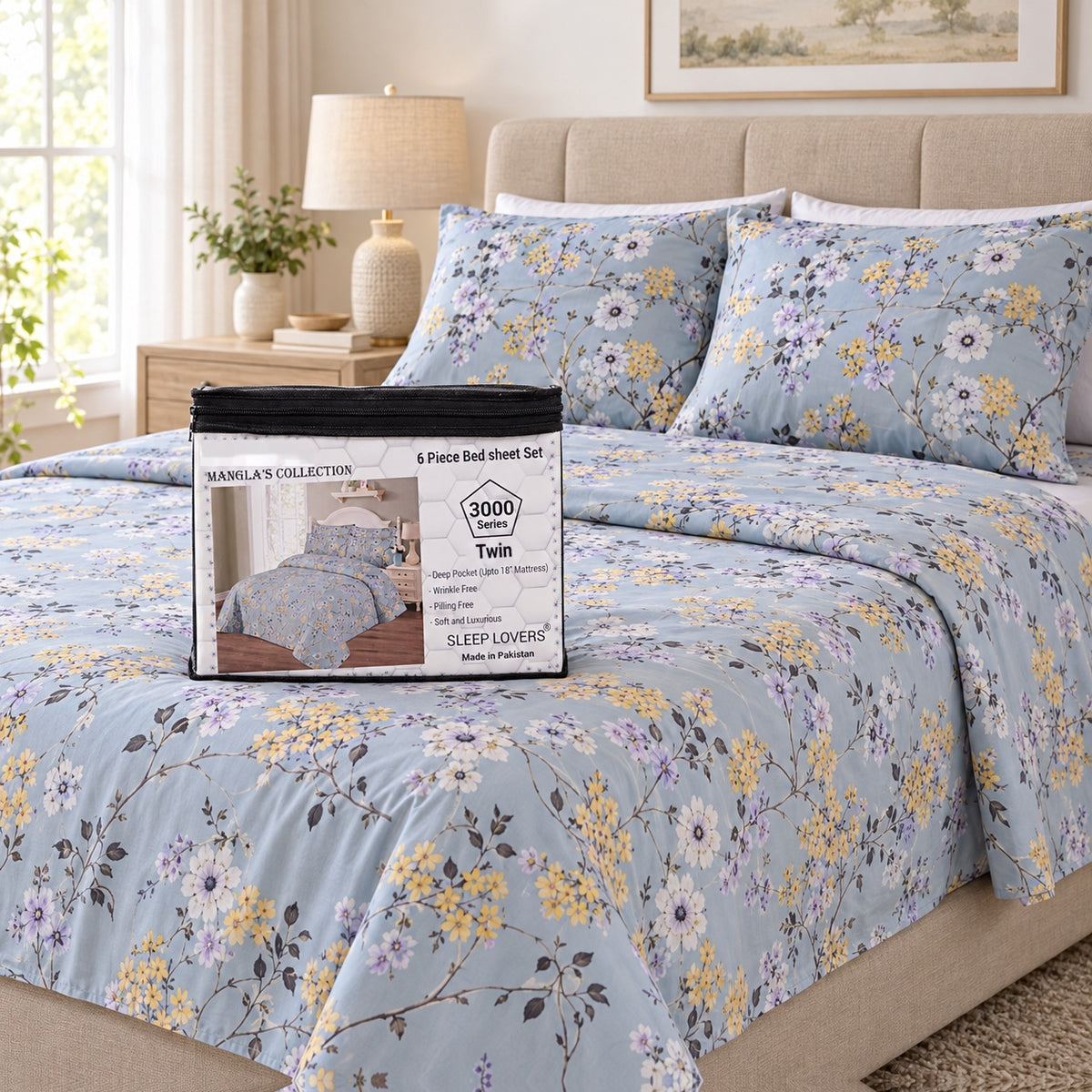 Blue Botanical Microfiber 6 Piece Bed Sheet Set – Twin – Room Scene