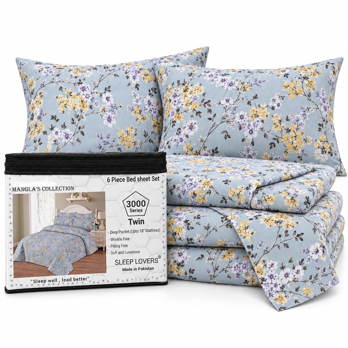 Blue Botanical Microfiber 6 Piece Bed Sheet Set – Twin – Packaging on White Background