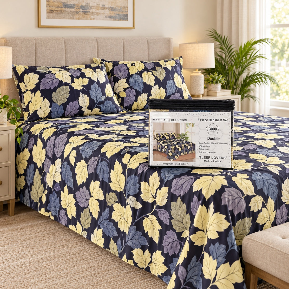Navy Leaves Microfiber 6 Piece Bed Sheet Set – Double – Room Scene