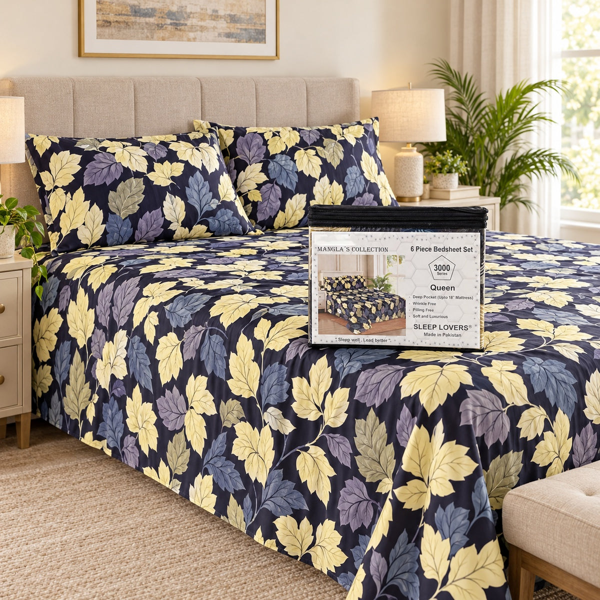 Navy Leaves Microfiber 6 Piece Bed Sheet Set – Queen – Room Scene