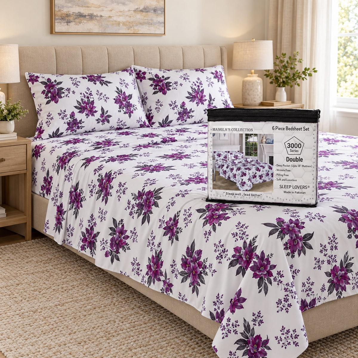 Purple Floral Microfiber 6 Piece Bed Sheet Set – Double – Room Scene