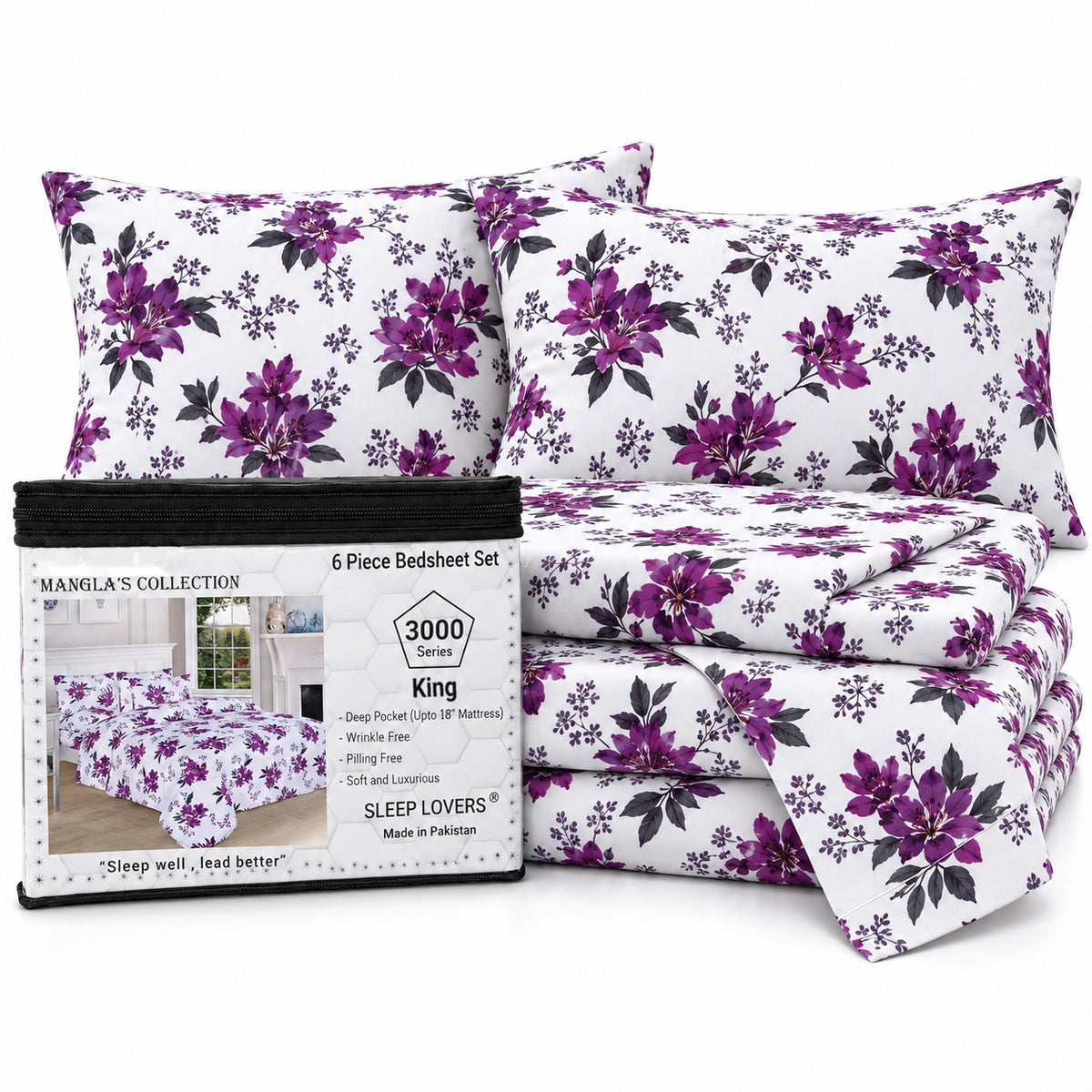 Purple Floral Microfiber 6 Piece Bed Sheet Set – King – Packaging on White Background
