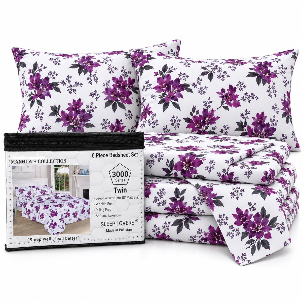 Purple Floral Microfiber 6 Piece Bed Sheet Set – Twin – Packaging on White Background