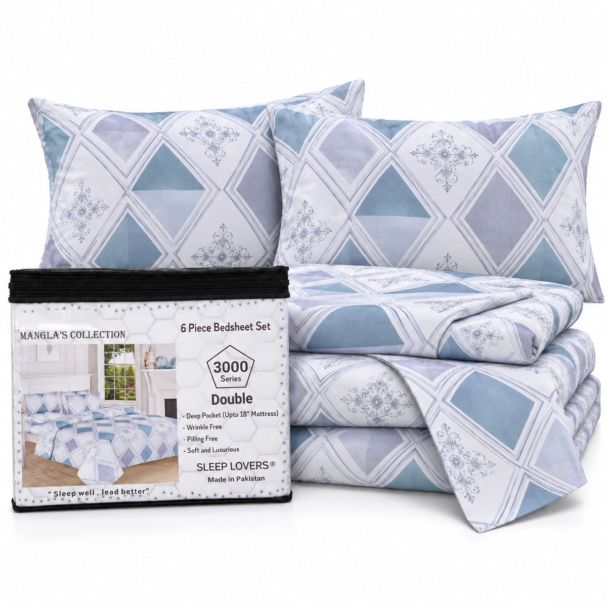 Pastel Diamonds Microfiber 6 Piece Bed Sheet Set – Double – Packaging on White Background