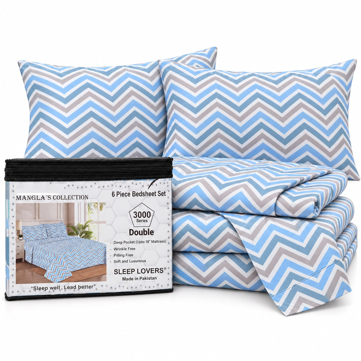 Blue Chevron Microfiber 6 Piece Bed Sheet Set – Double – Packaging on White Background