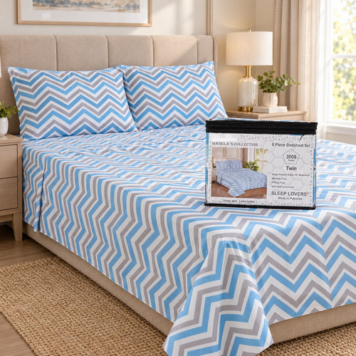 Blue Chevron Microfiber 6 Piece Bed Sheet Set – Twin – Room Scene