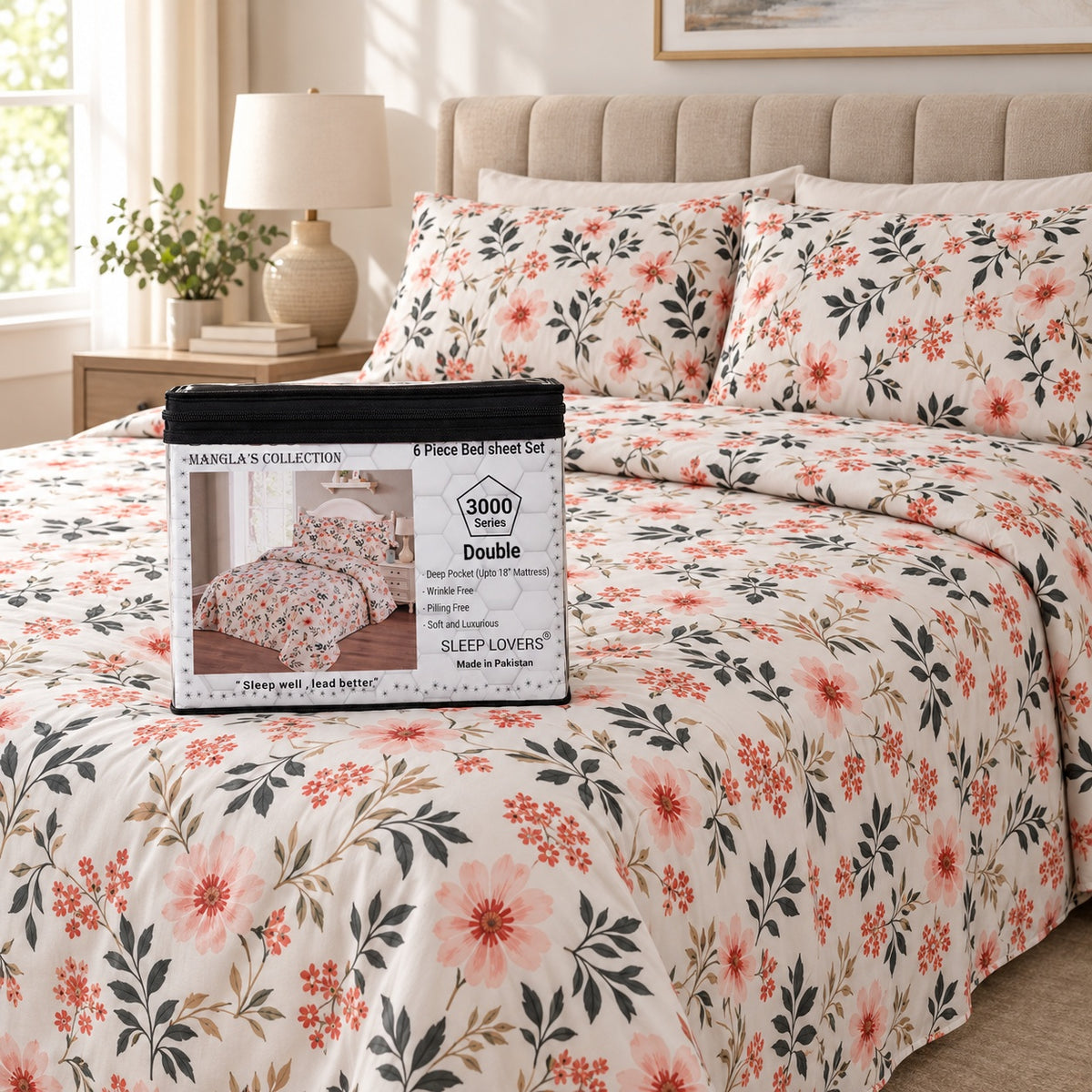 Peach Floral Microfiber 6 Piece Bed Sheet Set – Double – Room Scene