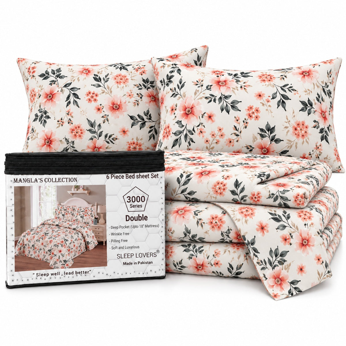 Peach Floral Microfiber 6 Piece Bed Sheet Set – Double – Packaging on White Background