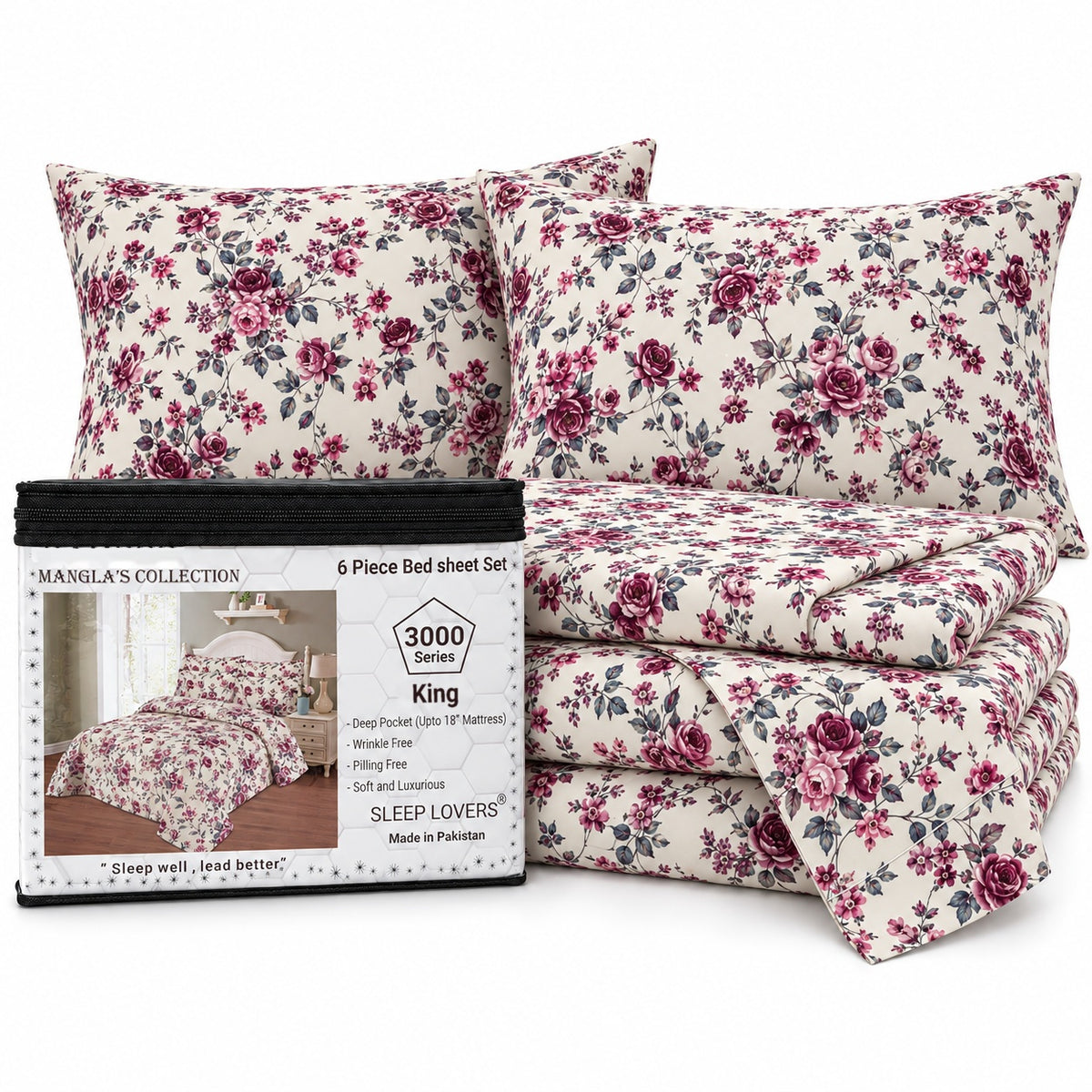 Burgundy Roses Microfiber 6 Piece Bed Sheet Set – King – Packaging on White Background