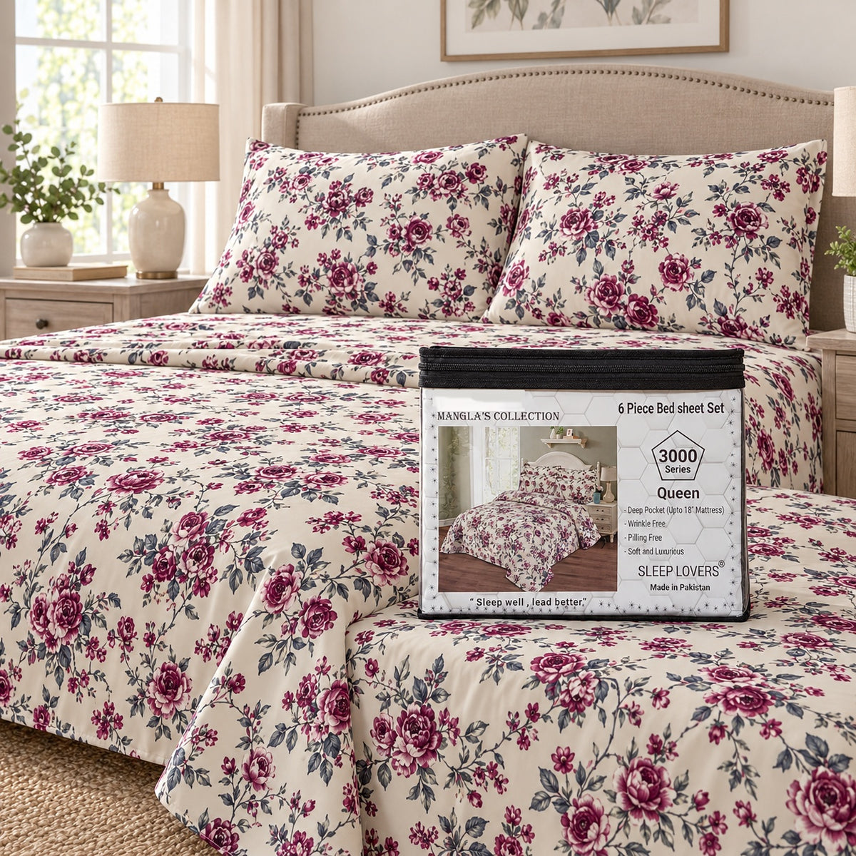 Burgundy Roses Microfiber 6 Piece Bed Sheet Set – Queen – Room Scene
