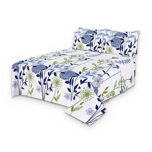 Blue Botanical Floral Comforter Set on white background, white with blue roses and green botanical stems comforter with matching pillows