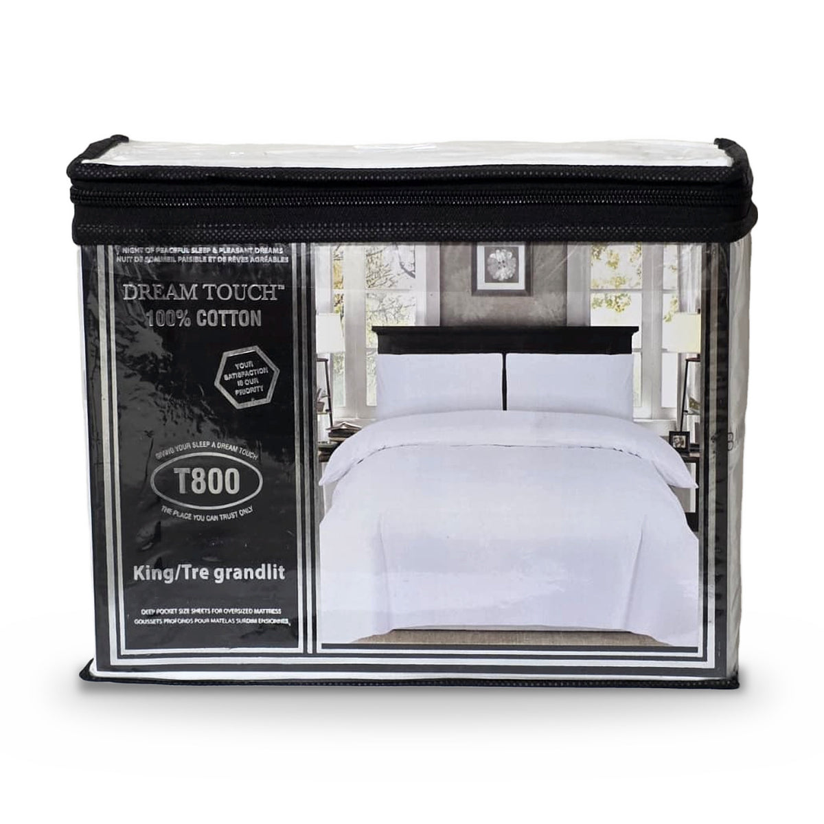 Dream Touch T800 100% Cotton Sheet Set – King – White sheet set in zippered package on white background