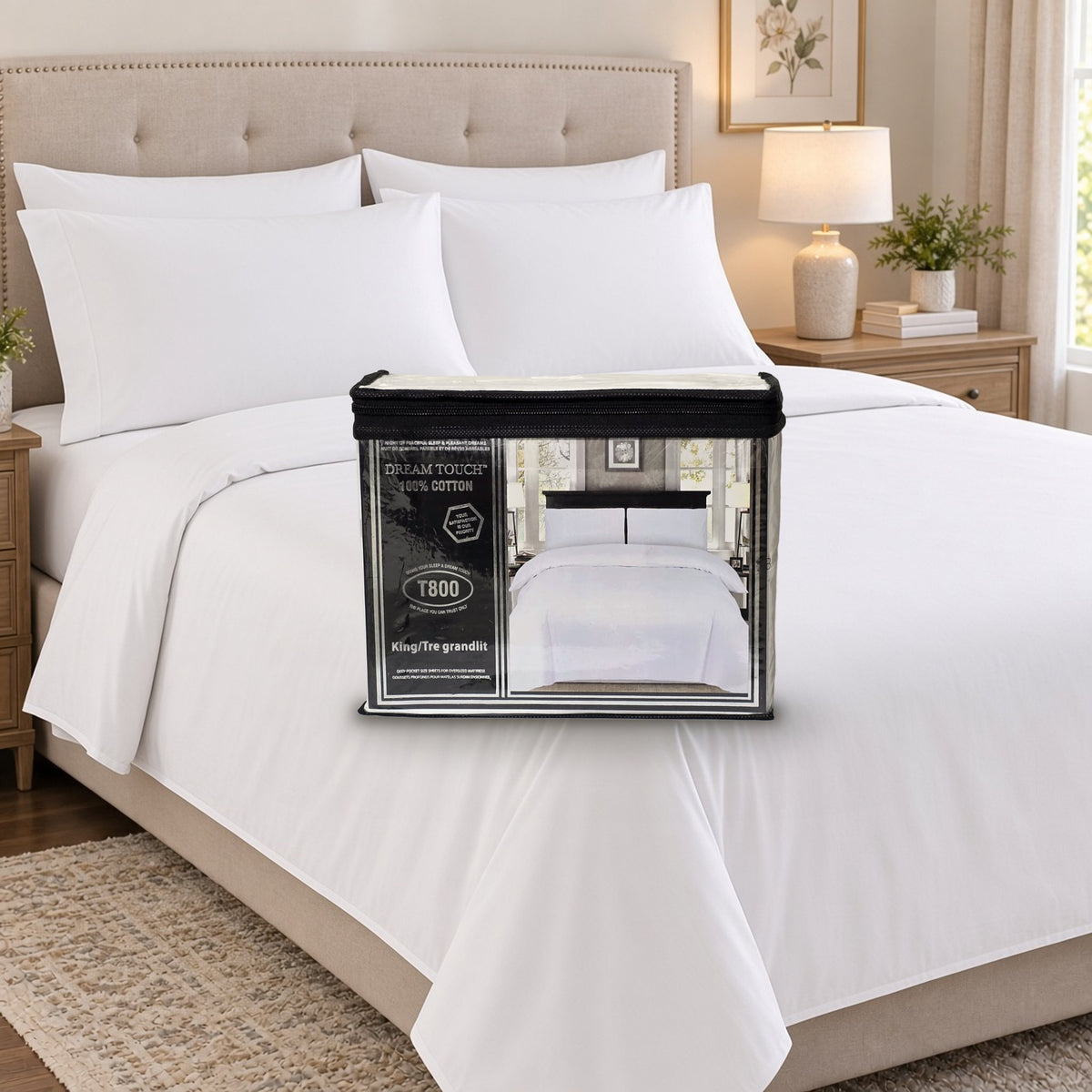 Dream Touch T800 100% Cotton Sheet Set – King – Room scene: bed made with plain white cotton sheets and pillowcases, with the King package