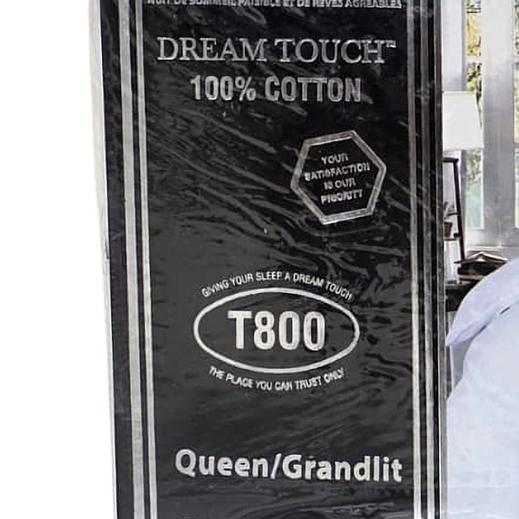 Dream Touch T800 100% Cotton Sheet Set – Queen – Close-up of package label showing 100% Cotton, T800 and Queen size