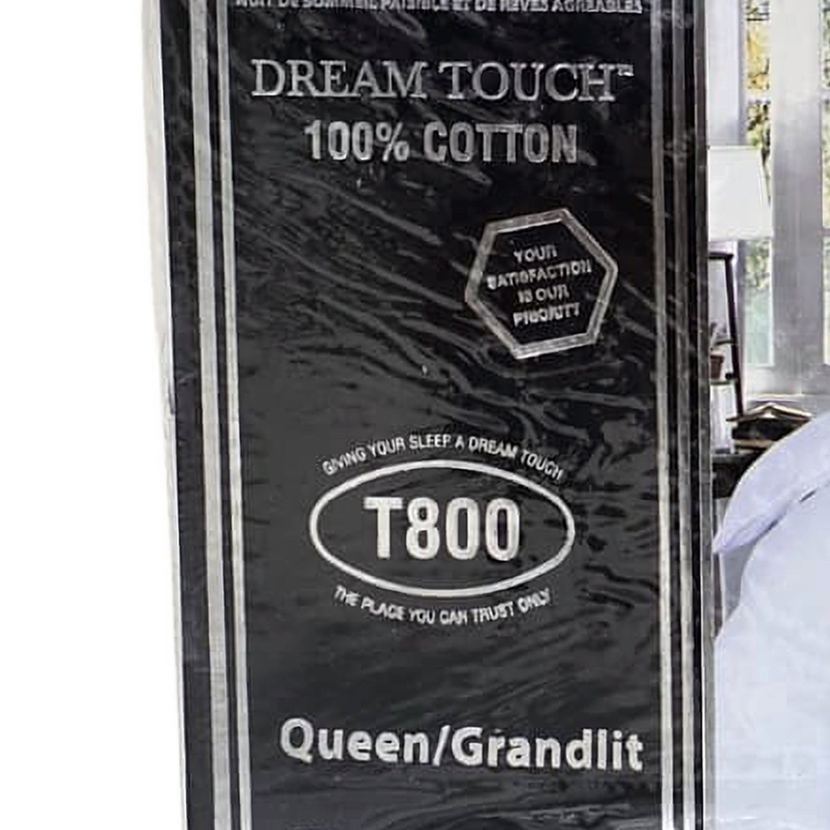 Dream Touch T800 100% Cotton Sheet Set – Queen – Close-up of package label showing 100% Cotton, T800 and Queen size