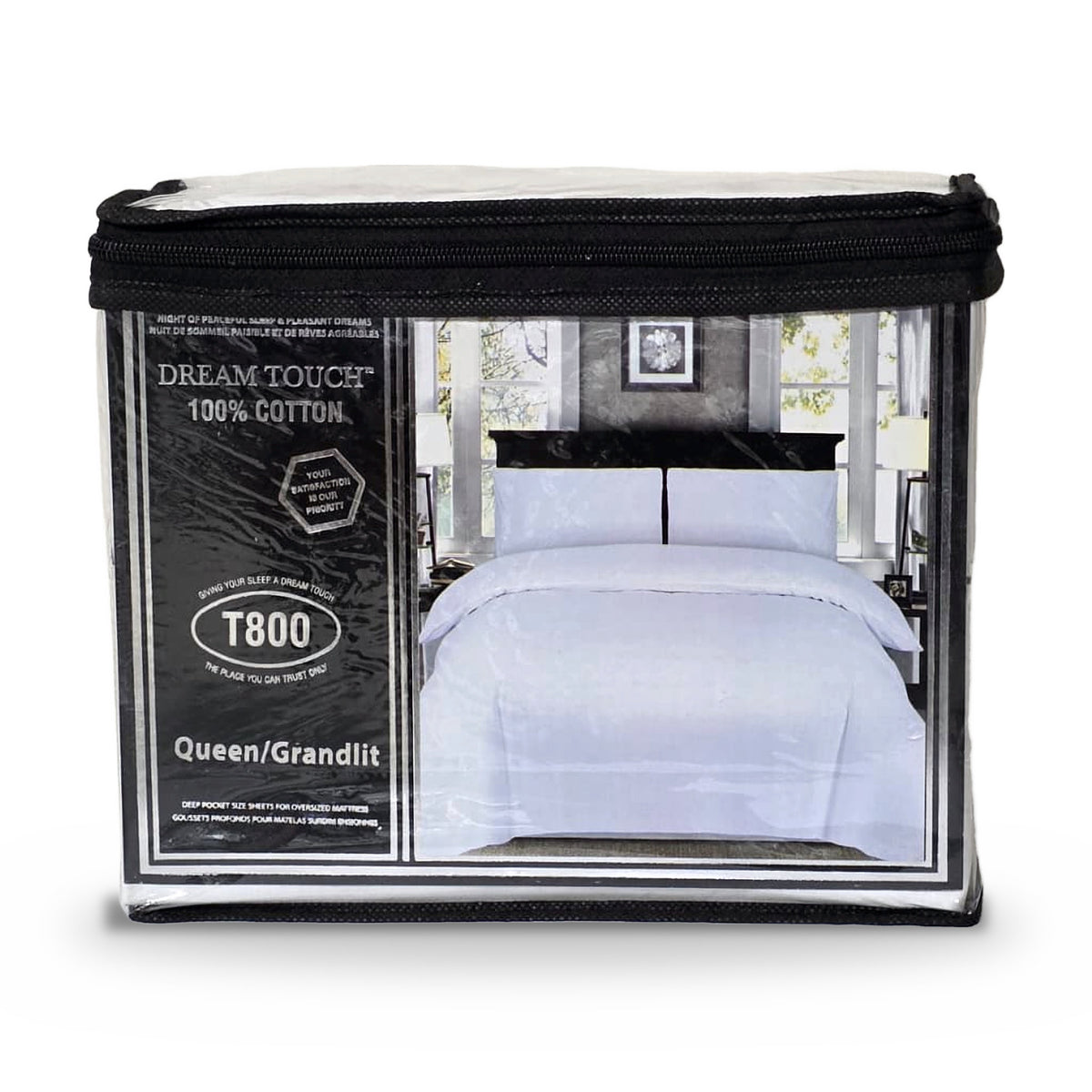 Dream Touch T800 100% Cotton Sheet Set – Queen – White sheet set in zippered package on white background