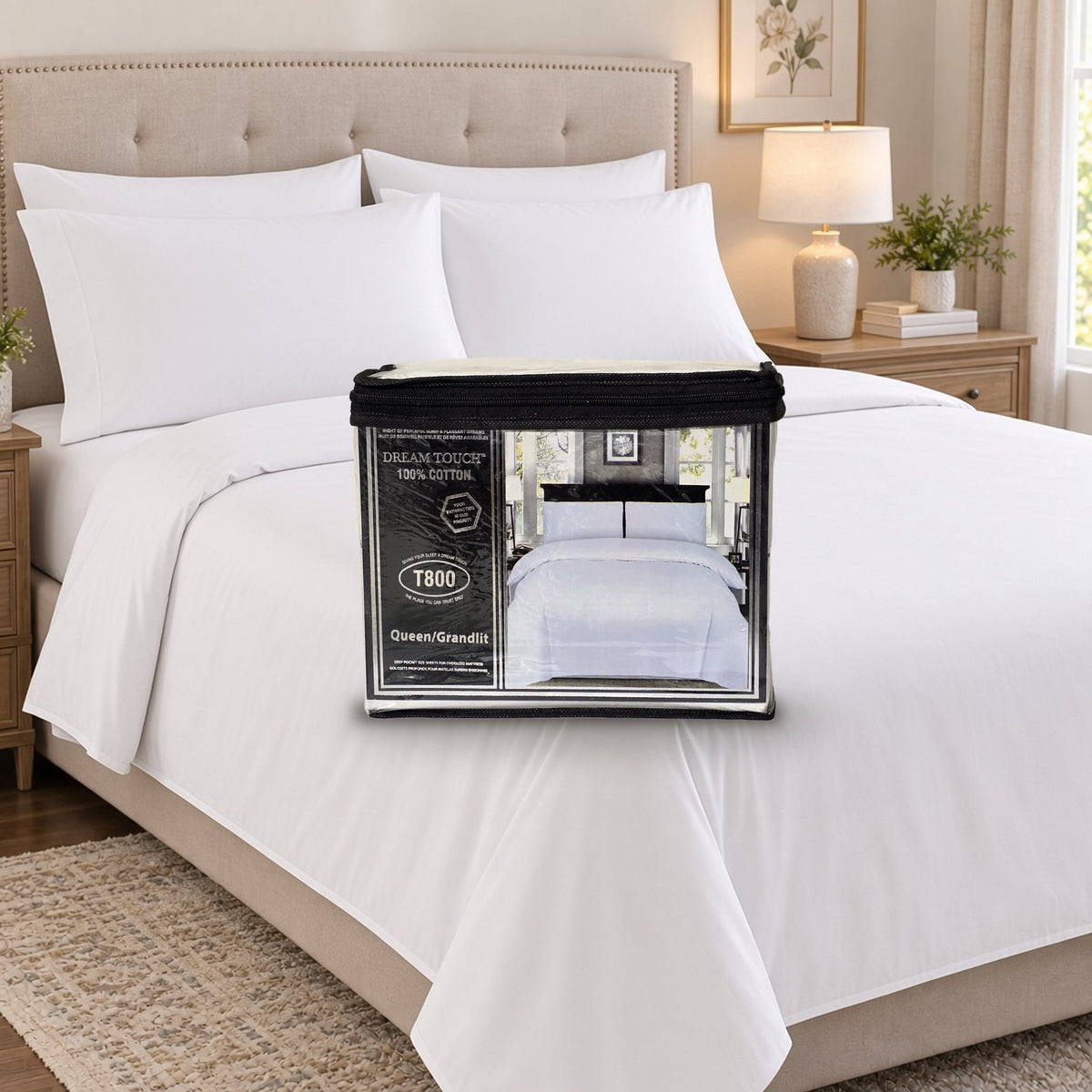 Dream Touch T800 100% Cotton Sheet Set – Queen – Room scene: bed made with plain white cotton sheets and pillowcases, with the Queen package